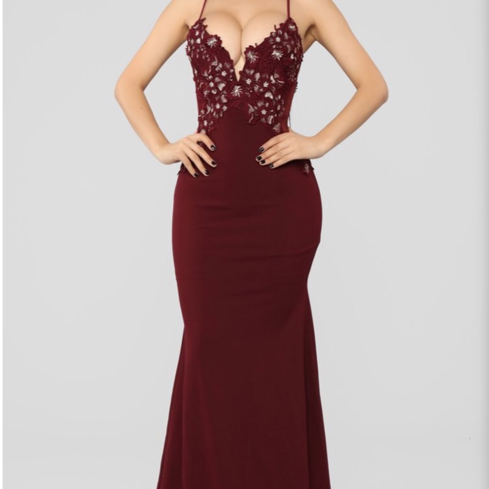 Burgundy and Gold embroidered Prom Dress